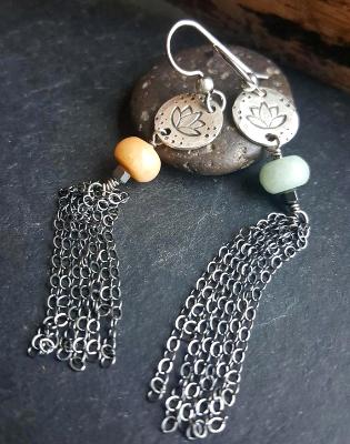 Sterling Silver Lotus earrings - Lotus earrings with Amazonite and Sterling Silver tassels