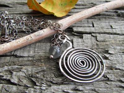 *SOLD OUT* Spiral necklace oxidized sterling silver grey moonstone - Petroglyph