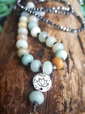 Lotus necklace with Amazonite and Hematite